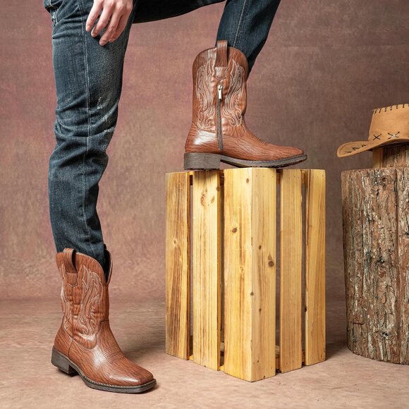 Jousen Mens Amy8420-lightbrown Embroidery Retro Square Toe Chunky Heeled Boots - Picture 6 of 7